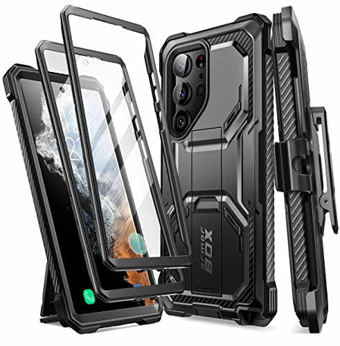 i-Blason Armorbox - Custodia per Samsung Galaxy S23 Ultra con supporto, 2 cornici anteriori, custodia a fondina a 360°, con protezione schermo integrata e clip per cintura, per S23 Ultra, colore: Nero