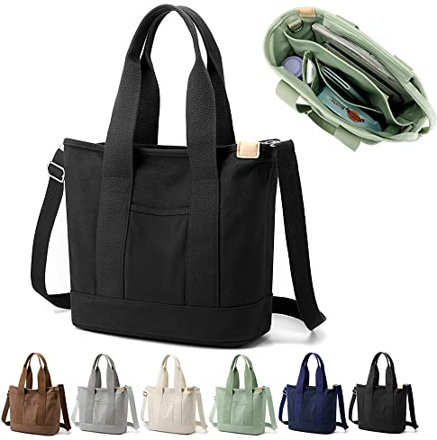 Efilra Multi-Pocket Canvas Tote Bag mit Reißverschluss, 2023 Neue Japanische Handgemachte Große Kapazität Handtasche Damen Crossbody Tasche, Schwarz-Größe L, Large