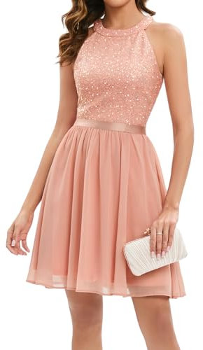 Bbonlinedress Kleid Pailletten Damen Neckholder Glitzer Cocktailkleid festliches Brautkleid Party Abendkleider elegant für Hochzeit Winterkleid Blush XL