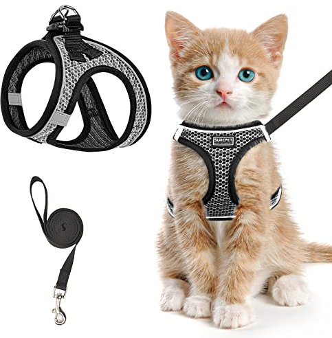 Katzengeschirr und Leine zum Spazierengehen, ausbruchsicher, verstellbares Kätzchenweste-Geschirr, reflektierend, weiches Netzgewebe, Welpengeschirr für draußen, einfach zu kontrollieren (Grau, XS)