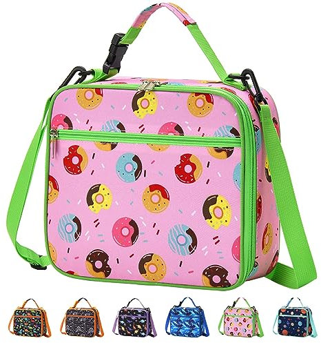 Pretty Jolly Mini Kids Lunch Box, Insulated Reusable Lunch Bag for Girls & Boys, Thermal Meal Container Tote with Shoulder Strap, Hot or Cold Snacks Lunchbox for School,Work,Picnic (Doughnut)