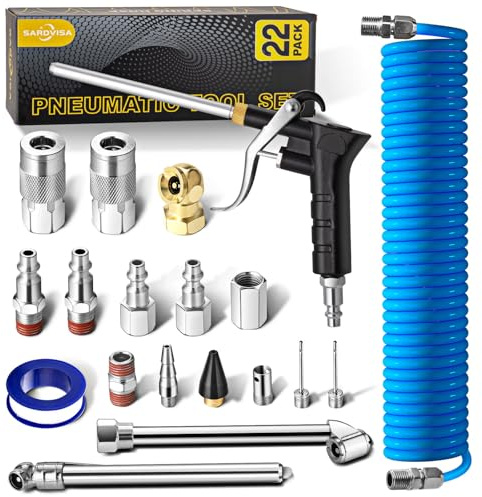SARDVISA 22-Packs Air Compressor Accessories Kit, 25FT Upgrade Repairable PU Air Hose with 1/4'' NPT Air Tool Kit, Air Blow Gun/Air Chuck/Tire Gauge, Pneumatic Tool Set