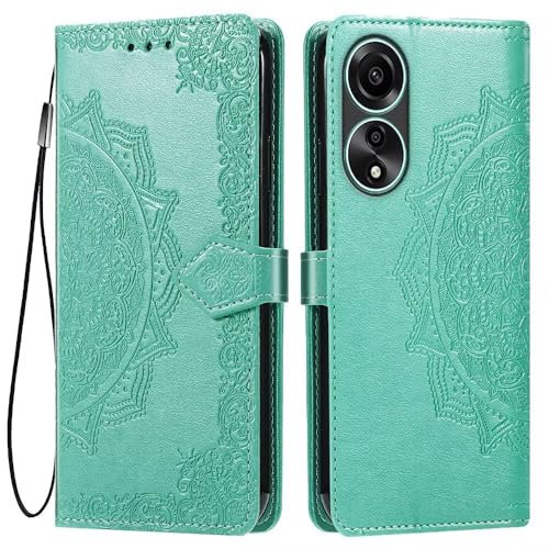 HONLEN Funda para OPPO A58 (4G) Carcasa, (6.72 Inches) Premium PU Cuero Cartera Magnético Flip Case 3 Ranura Tarjeta, Soporte Case, Diseño de Mandala Verde
