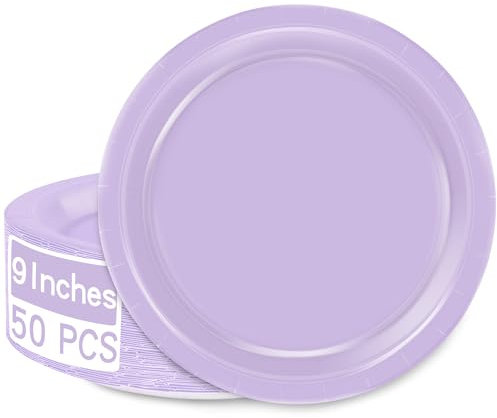 QZYL 50 Pieces of Paper Plates, Round Lavender Party Plates Pack, Disposable 9 Inches Paper Dinner Plates, Everyday Use Paper Plates for Daily Meals Picnic Camping Birthday Wedding Christmas Supplies