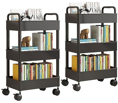 CYEER 2 Pack 3 Tier Storage Trolley on Wheels, Plastic Mobile Rolling Trolley, Rolling Storage Rack for Office, Kitchen, Bedroom, Bathroom, Laundry Room & Dressers, Black