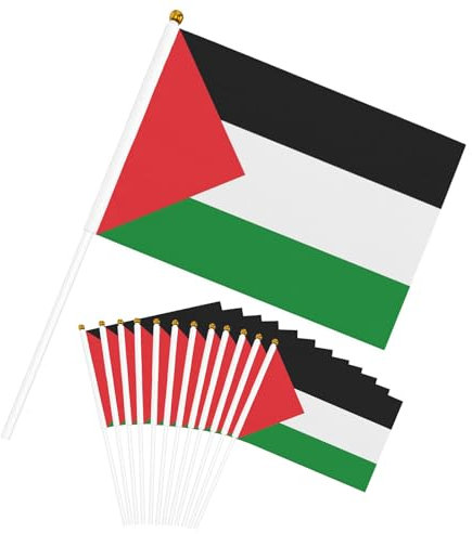 12 Stück Palästina Flagge Klein 13,5×21 Cm - Palästinensische Handheld Mini-Flagge Mit Weißem Mast, Lebendige Farbe Hand Held Stick Flaggen Mit Runden Speer Top