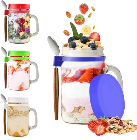Garqitwan 500ml Glas Müslibecher to go mit Deckel und Löffel, 4 Stück Joghurtbecher To Go, Einmachgläser Overnight Oats Gläser für Jogurt, Porridge, Cornflakes, Muesli