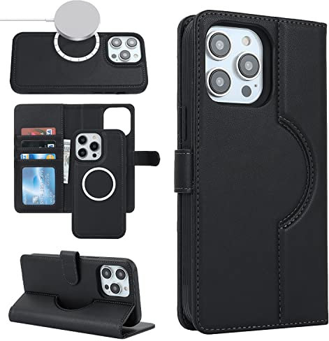 Cavor iPhone 15 Pro Case - Magsafe Compatible Flip Leather Wallet Case with Card Holders, Detachable 2 in 1, Magnetic Closure - Black