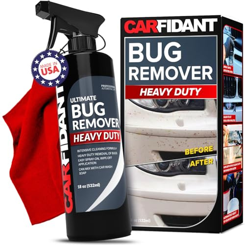 Carfidant Bug Remover Heavy Duty Spray - Cars Exterior Cleaner - Easily and Powerful Clean Bug Splatter, Bird Poop From Paint, Plastic, Rubber, Metal, Chrome, Glass - 18 fl. oz.