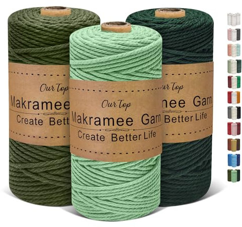 OurTop Premium Makramee Garn 3er Set, 3mm x 100m Macrame Cord Makramee Schnur Makramee Kordel, Garn für DIY Handwerk, Weben Dekoration, Hängepflanze Pflanze Aufhänger(Hellgrün, Dunkelgrün, Armeegrün)