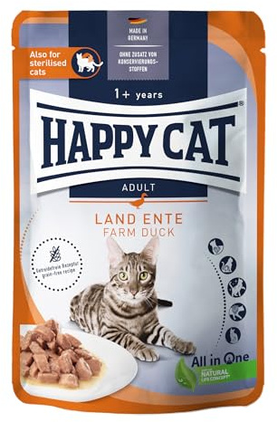Happy Cat Culinary Meat in Sauce Ente Nassfutter Pouch, 85 g | Getreidefreies Nassfutter mit Ente in Sauce, für ausgewachsene Katzen ab 12 Monaten, Pouch 85 g