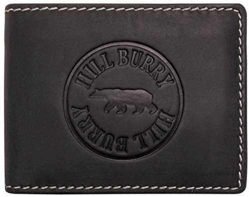 Hill Burry Herren Ledergeldbörse | Geldbörse aus echtem Leder | Echtleder Männer Geldbeutel | schlanke Vintage Brieftasche | Großes Portemonnaie mit RFID-Schutz - Querformat (Schwarz)