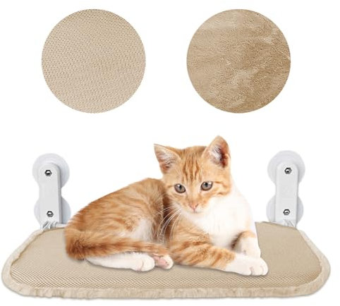 Lvjkes Hamac Chat fenetre, Hamac Chat, 52 x 30 cm Hamac Pliable pour Chats dintérieur, lit de fenêtre pour Chats avec Cadre métallique Robuste et 4 ventouses renforcées, Beige