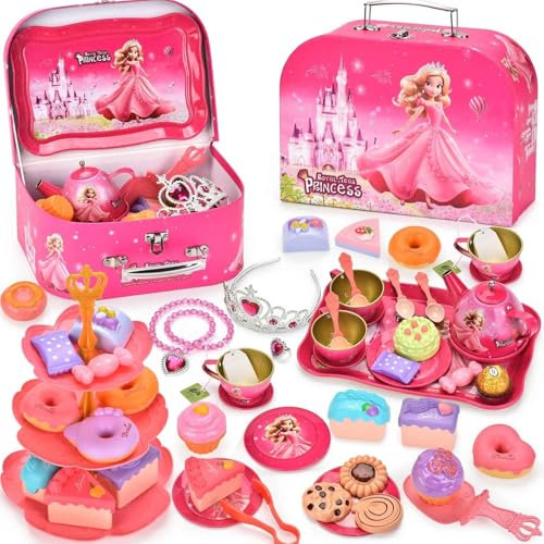 EUZLABBY 52 Pcs Juego de Té Infantil,Juego de Tetera de Hojalata,Accesorios Cocina Juguetes,con Tazas,Platos y Accesorios,para Regalo cumpleaños Niñas 3- 8 años.