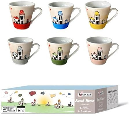 kasaviva Set 6 Tazzine Tazze Caffè in Ceramica senza Piattini Sweet Home