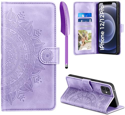 EASDNB Handyhülle für iPhone 12/12 Pro, Hülle für iPhone 12 Pro/iPhone 12 Lederhülle Flip PU Leder Tasche Case Kartenfach Magnet Ständer Klapphülle Schutzhülle für iPhone iPhone 12/12 Pro, Hellviolett