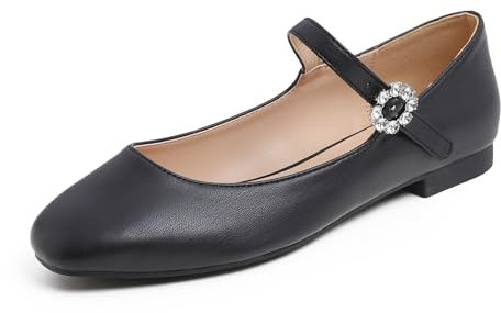 Feversole Women's Square Toe Mary Jane Fashion，Punta Quadrata Easy Buckle Tacco Basso Slip On Flats Mary Jane Quadrata Nero Taglie 36 EU