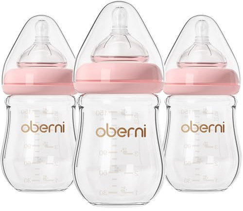 Oberni Babyflaschen aus Glas mit Silikon Sauger Größe 1, Milchflasche Weiter Öffnung, Babyflasche mit Anti-Colic-Ventil für Neugeborene Babys ab 0+ Monate, 150ml, Rosa, 3 Stück