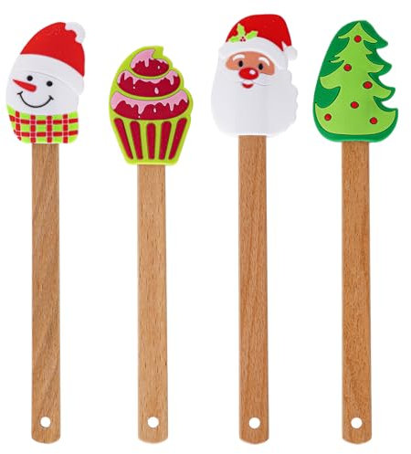 4 spatole natalizie in silicone con manico in legno spatola per torta di Natale pupazzo di neve albero di Natale modello Babbo Natale cucina cottura miscelazione utensili da cucina