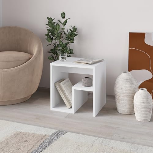 HOCUS PICUS Square End Table G-Shape Side Table Open Shelf Storage, White | Living Room Bedroom, Coffee Sofa Table Chipboard, 40x40cm
