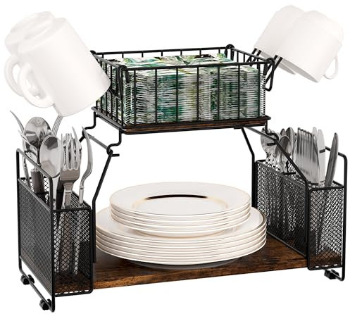 TQVAI Paper Plate Organizer, 2-Tier Countertop Silverware Utensils Napkin Holder for Party, Outdoor Buffet Picnic Caddy Camping Essentials Holder for Plates and Utensils, Black/Antique