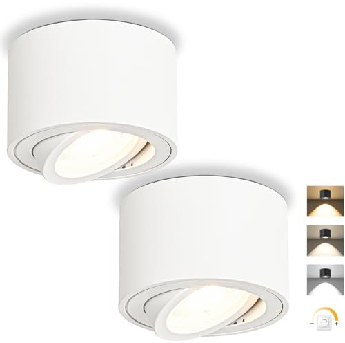 GeyouLux LED Aufbauspot Dimmbar Weiß - Extra Flach 30° Schwenkbar Ø80x50mm Deckenspots - 5W 500LM LED Modul 230V - 3000K/4000K/6500K Aufbauleuchte Aufputz Spots Aufbaustrahler Rund 2 Stück