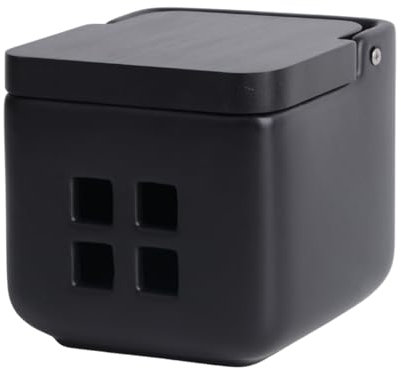 KOOK TIME Pot de Conservation d'Ail en Céramique avec Couvercle en Bois de Bambou - Idéal pour le Rangement et la Conservation de l'Ail, Oignon et Échalote - 11,5x11,5x11,5 cm - Tous Noir mat