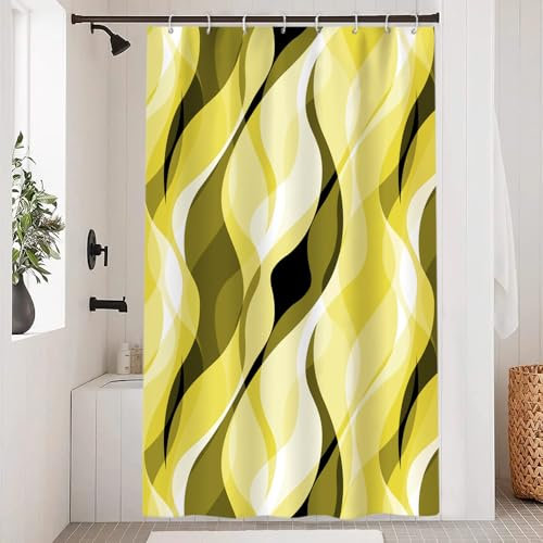 Uiiooazy Rideau Douche Anti Moisissure, Rideau de Douche Jaune Abstrait Rayures Vert Kaki Rayé Rideaux de Baignoire Tissu Imperméable Lavable Polyester Rideaux Salle de Bain avec 8 Crochets 120x180cm
