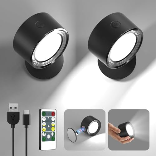 LED Wandleuchte Innen, 2 Stück Akku Wandlampe mit Fernbedienung Kabellos Leselampe, 3 Farbmodi Dimmbar Nachttischlampe Wandlicht, 360° Drehbare Aufladbare Leuchten für Treppe Wohnzimmer Schlafzimmer
