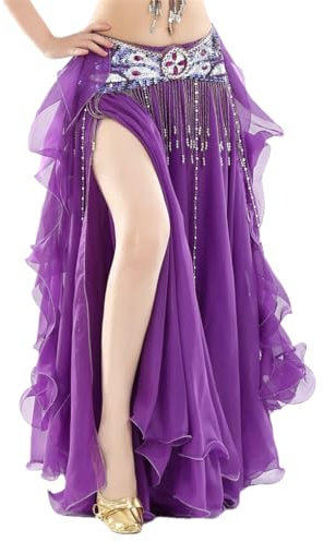 Disimlarl Gonna da donna per danza del ventre, con doppio spacco alto, gonna arrotolata a foglia, Viola scuro, Taglia unica