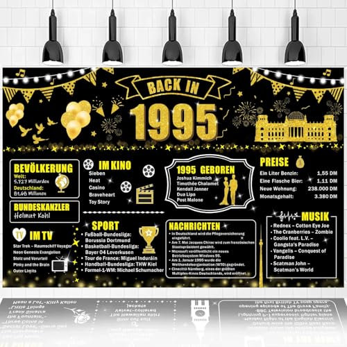 Party-Banner zum 30. Geburtstag Dekorationen, Hintergrund für Party-Poster zum Geburtstag im Jahr 1995, großer Hintergrund für Männer und Frauen zum 30. Geburtstag (Schwarz Gold-1995)