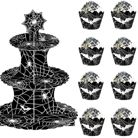 YUEcthynous Présentoir à cupcakes araignées, 1 support à cupcakes à 3 étages, 12 pièces en papier d'araignée, pour anniversaire pour héros, décoration de gâteau à thème, accessoires de fête et