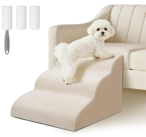 Ezvsevuo Hundetreppe für Kleine Hunde, 3 Stufen Haustiertreppe für Couch aus Hochdichtem Schwamm, Hunderampe aus Schwamm für Sofa Bett, Hunde Treppen mit Abnehmbarer Bezug, Senden Fusselrolle, Beige