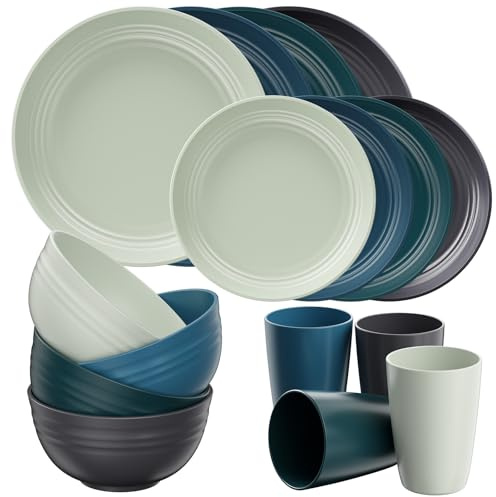 Quatish Set di 16 stoviglie in plastica, infrangibili da campeggio, per 4 persone, set da tavola riutilizzabile per bambini e adulti, lavastoviglie, forno a microonde, verde