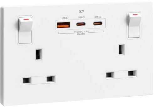 SURAIELEC 35W Double Plug Socket, 2 Gang 13A Switched Wall Socket | 35W PD fast charge (2 USB-C + 1 USB-A), child safe, white finish, fits 25mm back box for easy home installation
