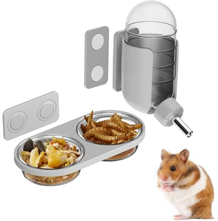 Set d'alimentation Magnétique pour Rongeurs avec Bouteille d'eau & Bol pour Terrariums en Verre Hamster Doré Octodon (Gris, Fixation magnétique)
