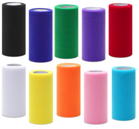 10 Rollen Bunter Tüllstoff, Tüllrolle Tüllband Tüll Dekostoff 15cm x 22,8m | Organza Stoff Tüll Dekostoff Dekoband Meterware für Hochzeit Tutu Rock Handwerk Bogen Geschenkverpackungen Party Deko