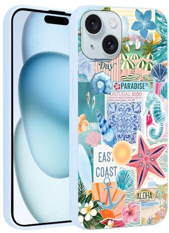 Tivkofk Cute Summer Case for iPhone 15 6.1'' | Aesthetic Girly, Cute Flower Sea Life Collage Floral, Scratch Resistant, Shockproof, For Girl Women