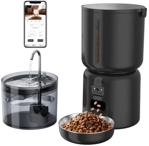 ZKSCool 4L Futterautomat Katzen mit APP & Kamera & 2,2L Trinkbrunnen Set | 1080P HD Kamera, 5G WLAN, App-Steuerung, Edelstahl Napf, für 5-15mm Trockenfutter, Duale Power, 35dB Leise, fur Katzen/Hunde
