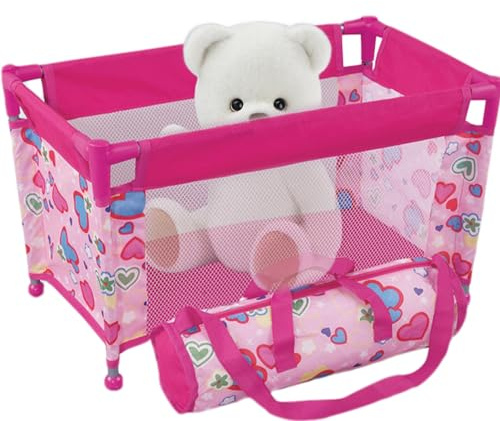 Xdyyjrasa Faltbares Netz-Babypuppenbett für 18-Zoll-Puppen mit Tragetasche – Babypuppen-Laufstall mit Herzmuster, tragbar, zum Packen und Spielen für Kinder ab 3 Jahren