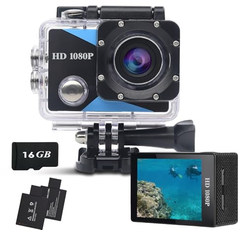 Nvgfelis Action Cam 1080P mit 16GB Speicherkarte, Unterwasserkamera wasserdicht bis 30M, Actionkamera mit 2×900 mAh wiederaufladbare Akkus und Zubehör-Set