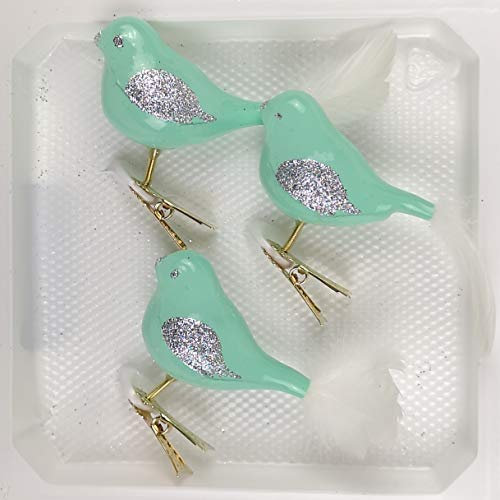 3 TLG. Glas Vogel Set in Hochglanz Modern Mint Silber - Edle Neuheit - Christbaumkugeln - Weihnachtsschmuck-Christbaumschmuck