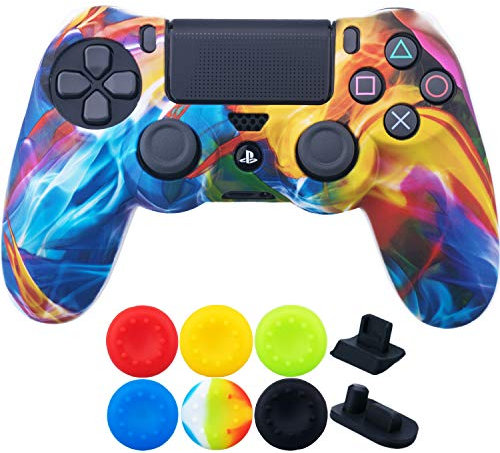 9CDeer 1 x Silicona Transferir Impresión Protector Cubrir Piel + 6 Apretones de Pulgar y Tapones a Prueba de Polvo para PS4/Slim/Pro Arco Iris