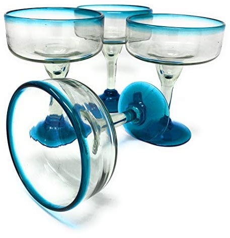 Verre soufflé à la main mexicain - Lot de 4 verres à margarita soufflés à la main (16oz) avec bords bleu aqua
