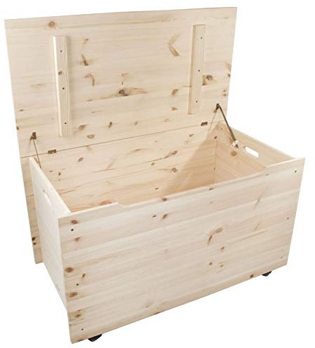 WooDeeDoo Extra-Large Wooden Storage Chest with Wheels and Hinged Lid – 158L - Unfinished Pine Box Farmhouse Trunk for Bedding Kid's Toys Blankets Bedroom DIY Decoration - 90 x 48 x 51 cm