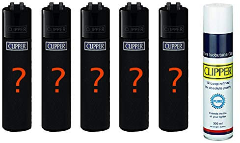 Clipper Original Lighter Flints 5 Set Überraschungsclipper + 1 x Isobutan Gas + Feuerzeug All u Need Schlüsselanhänger Flaschenöffner (5 x Surprise + White Gas 300 ml)