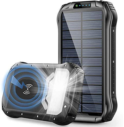 WFEI 26800Mah Solar Power Bank Fast Qi Wireless Charger Powerbank External Battery Outdoor Portable Poverbank Flashlight,Black