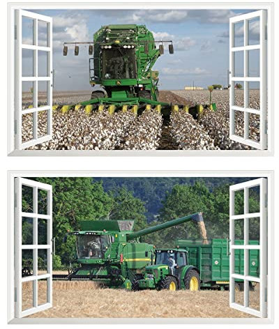 2Pcs Wandtattoo Mähdrescher Traktor Trecker 3D Effekt XXL Farm Feld Landwirtschaft Wandaufkleber Fenster Selbstklebend für Junge Kinderzimmer Groß 1000mmx600mm