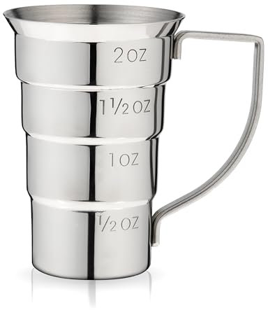 Viski Stepped Jigger With Handle, 4 Measurement Markings, Measuring Cup for Cocktail Recipes, 0.5 oz, 1 oz, 1.5 oz, & 2 oz, Stainless Steel