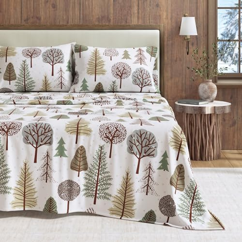 Great Bay Home Flannel Sheet Set Full Size - 100% Turkish Cotton, Double-Brushed, Lodge-Printed Bed Sheets - Ultra-Soft, Cozy, 4-Piece Bedding Set (Snowy Forest)